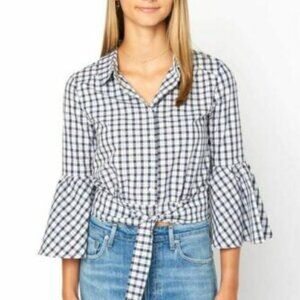 NWOT Jack BB Dakota Plaid Bell Sleeve Cropped Tie Front Top Size M